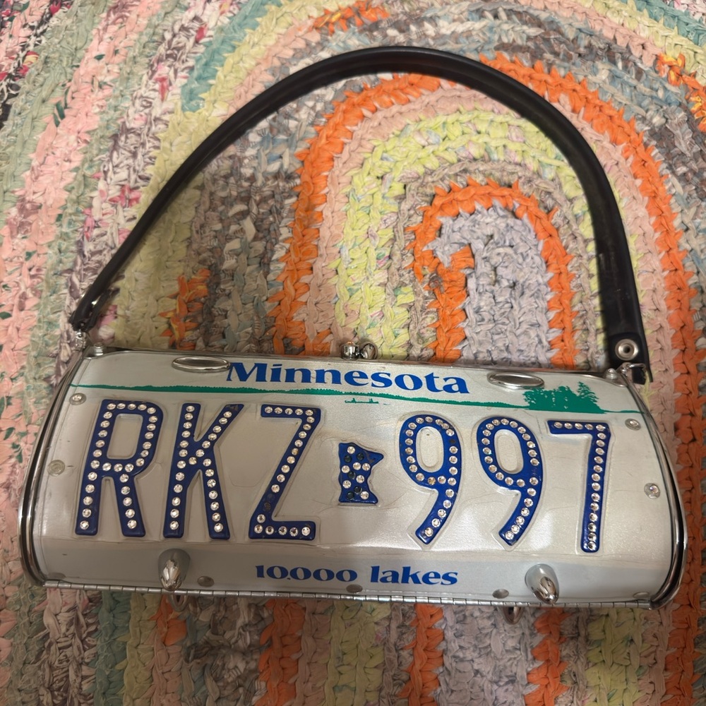 Little Earth Rhinestone Minnesota License Plate Handbag - White, Blue, Black